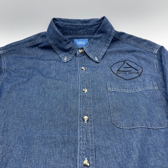 LA Autoshow Port and Company Denim Shirt Mens Large Blue Long Sleeve Button Down - Picture 3 of 9